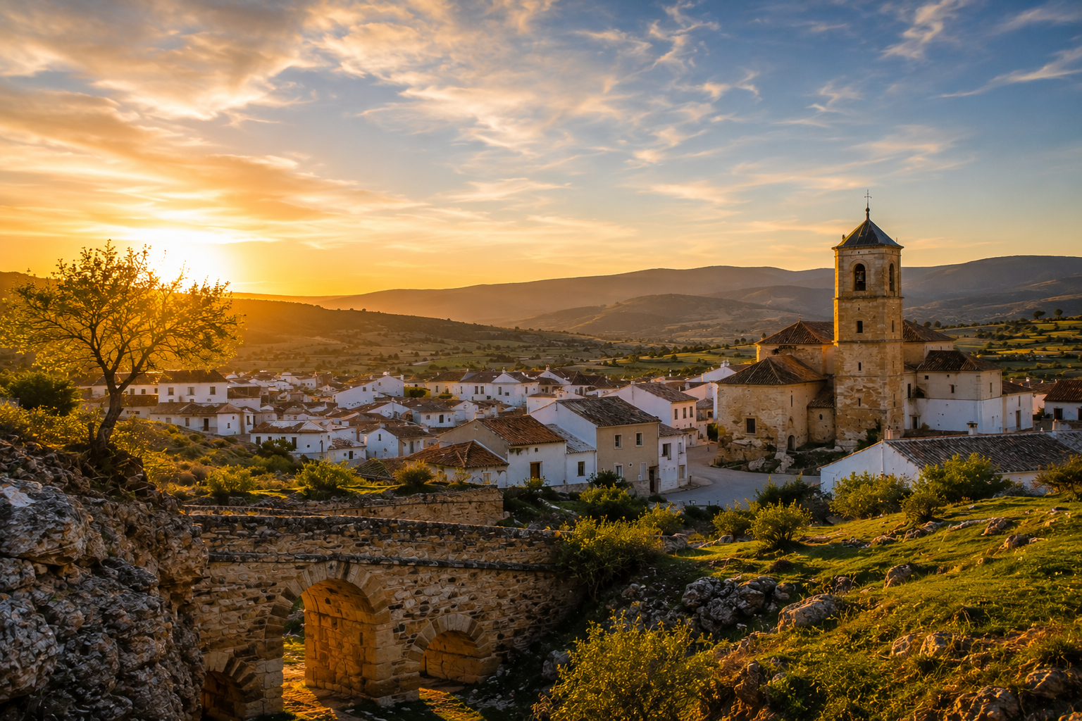 Vista de Abenójar al atardecer, con la torre de la iglesia parroquial y el caserío entre dehesas